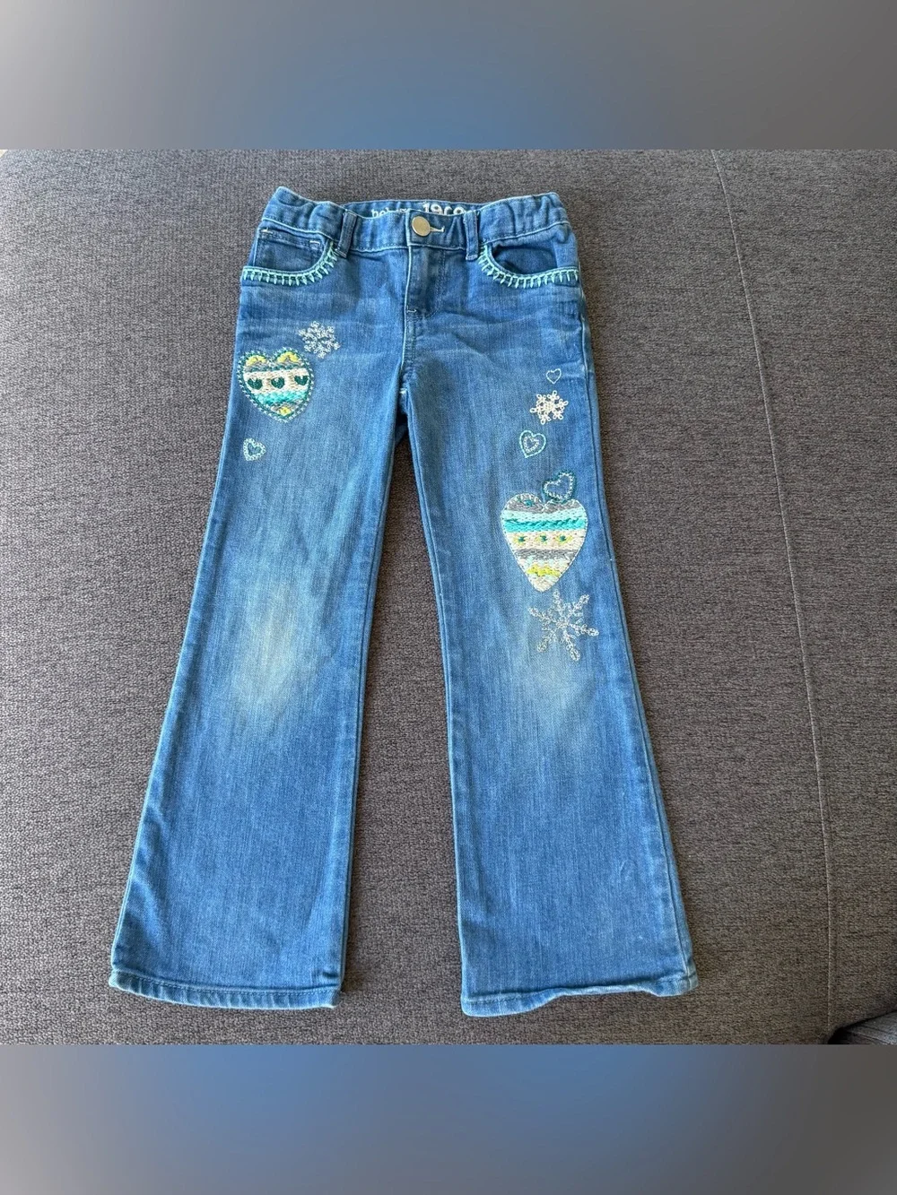 Gap Blue Denim Jeans Embroidered Heart  Ornaments Snowflake Holiday Christmas 5